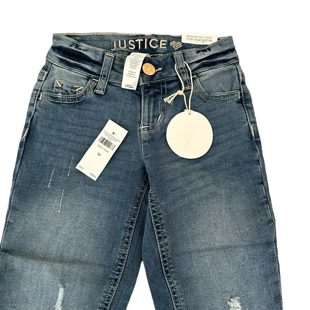 Justice Girls Girlfriend Repreve Slim Distressed Jeans Blue Size 7 NWT